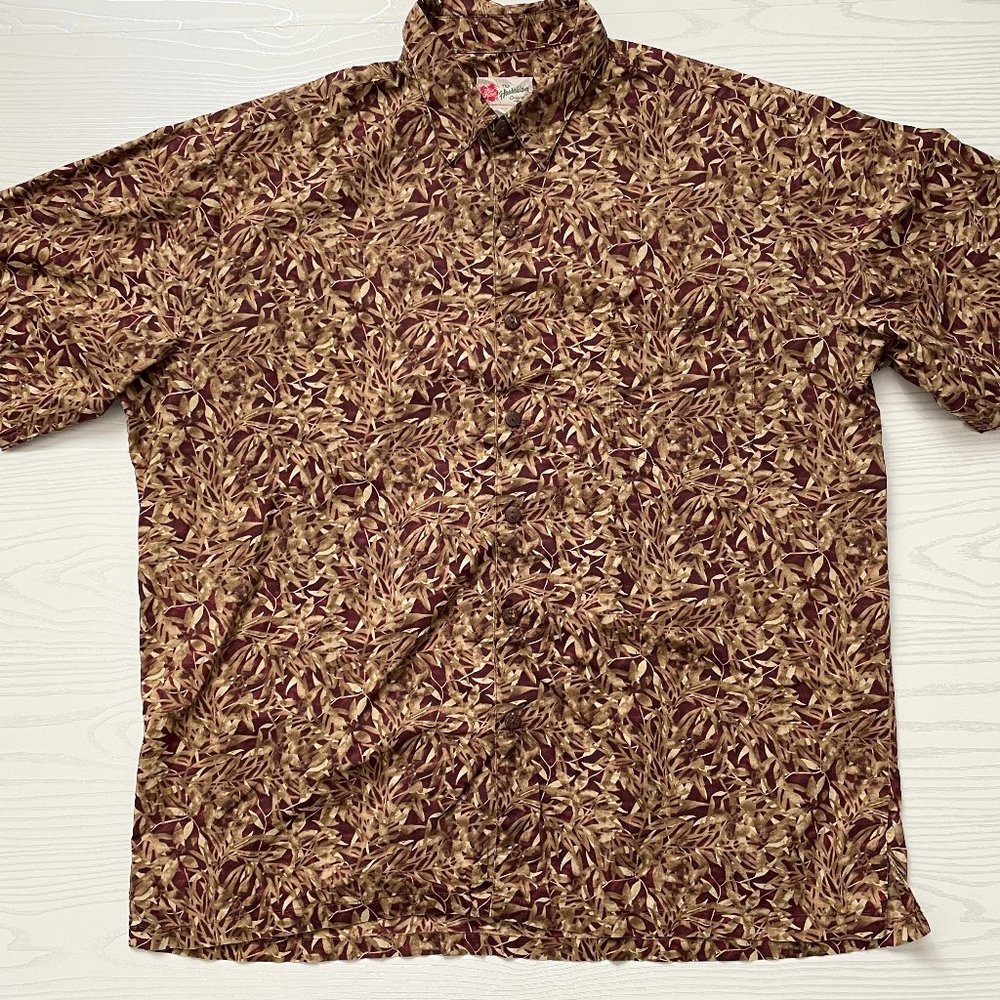 Vintage Hilo Hattie Men's Hawaiian Shirt 2XL Cotton Red Tan Leaves Button Up